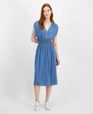 Tommy Hilfiger Women's V-Neck Smocked-Waist Fit & Flare Dress - Macy's