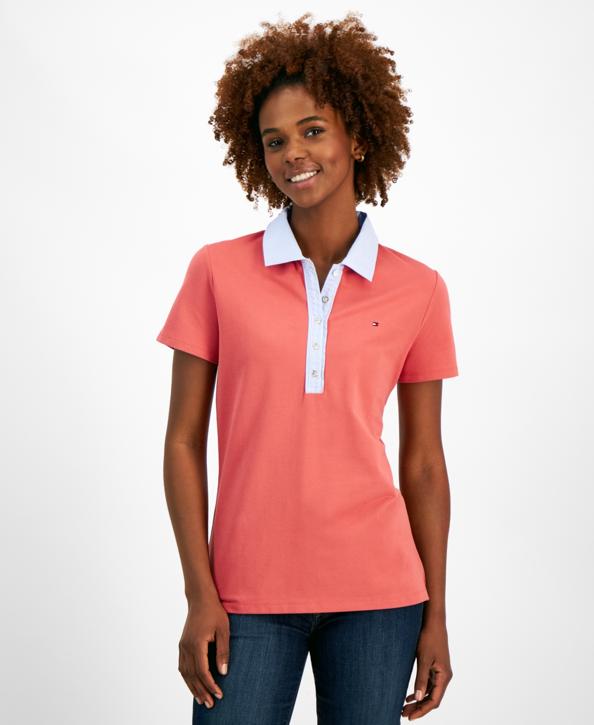 Shop Tommy Hilfiger Women's Striped-collar Polo Shirt In Min Red