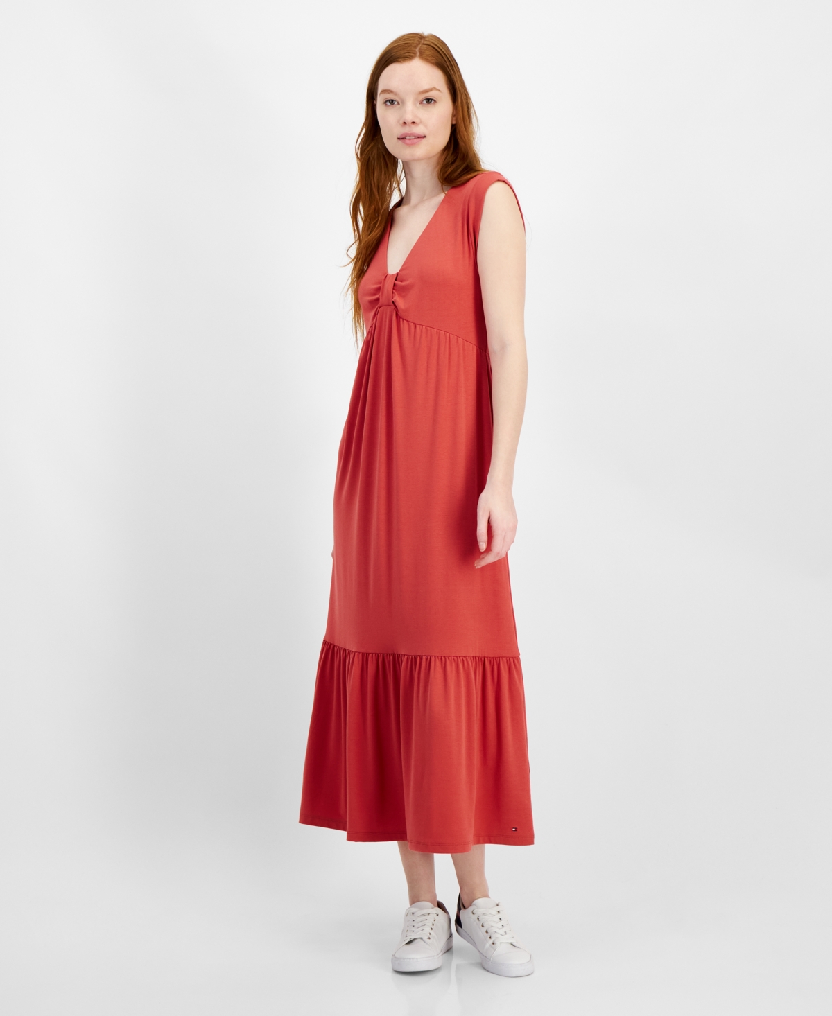 Shop Tommy Hilfiger Women's Solid Tiered Sleeveless Midi Dress In Min Red