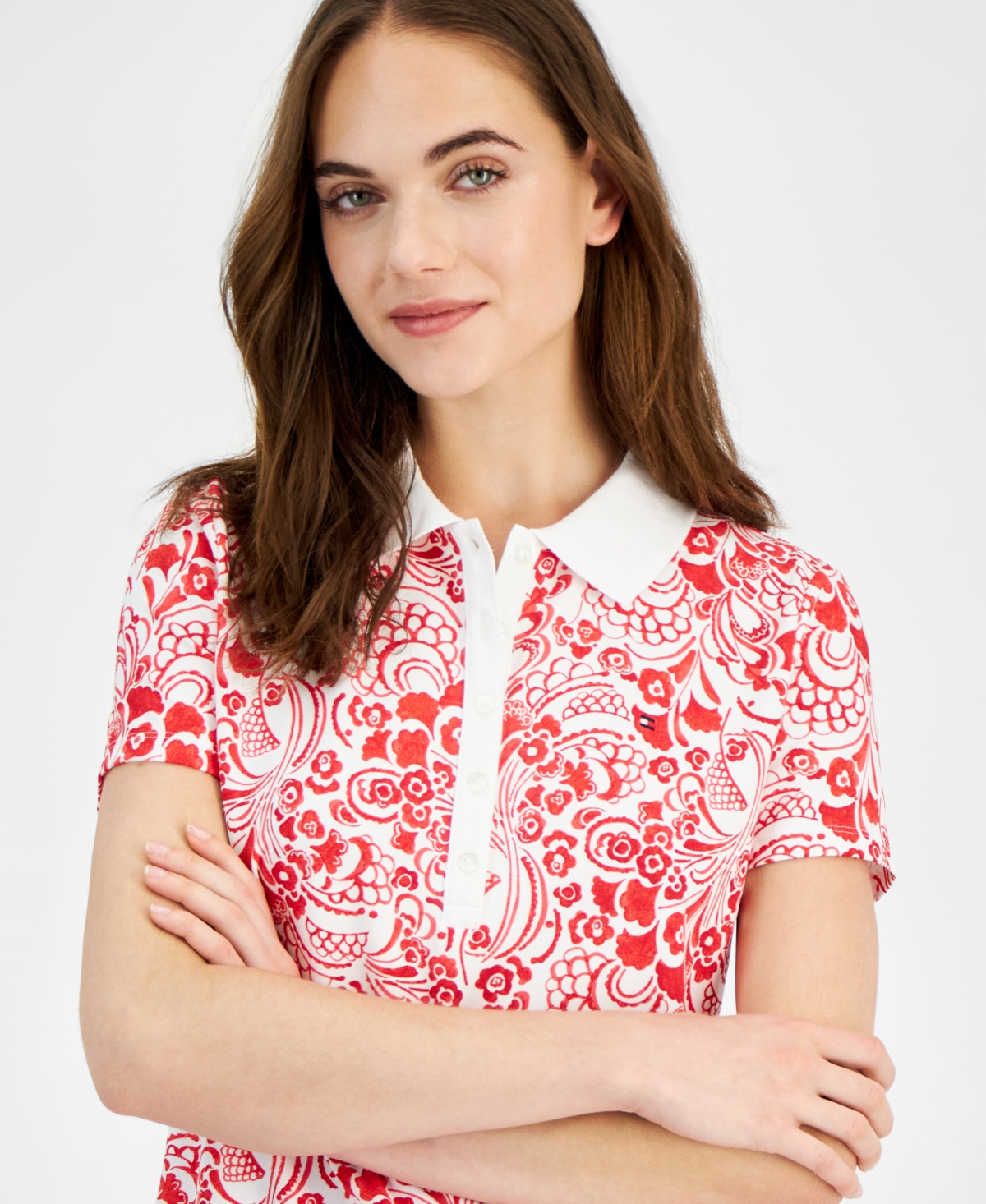 Tommy Hilfiger Women's Floral-Print Short-Sleeve Polo Top
