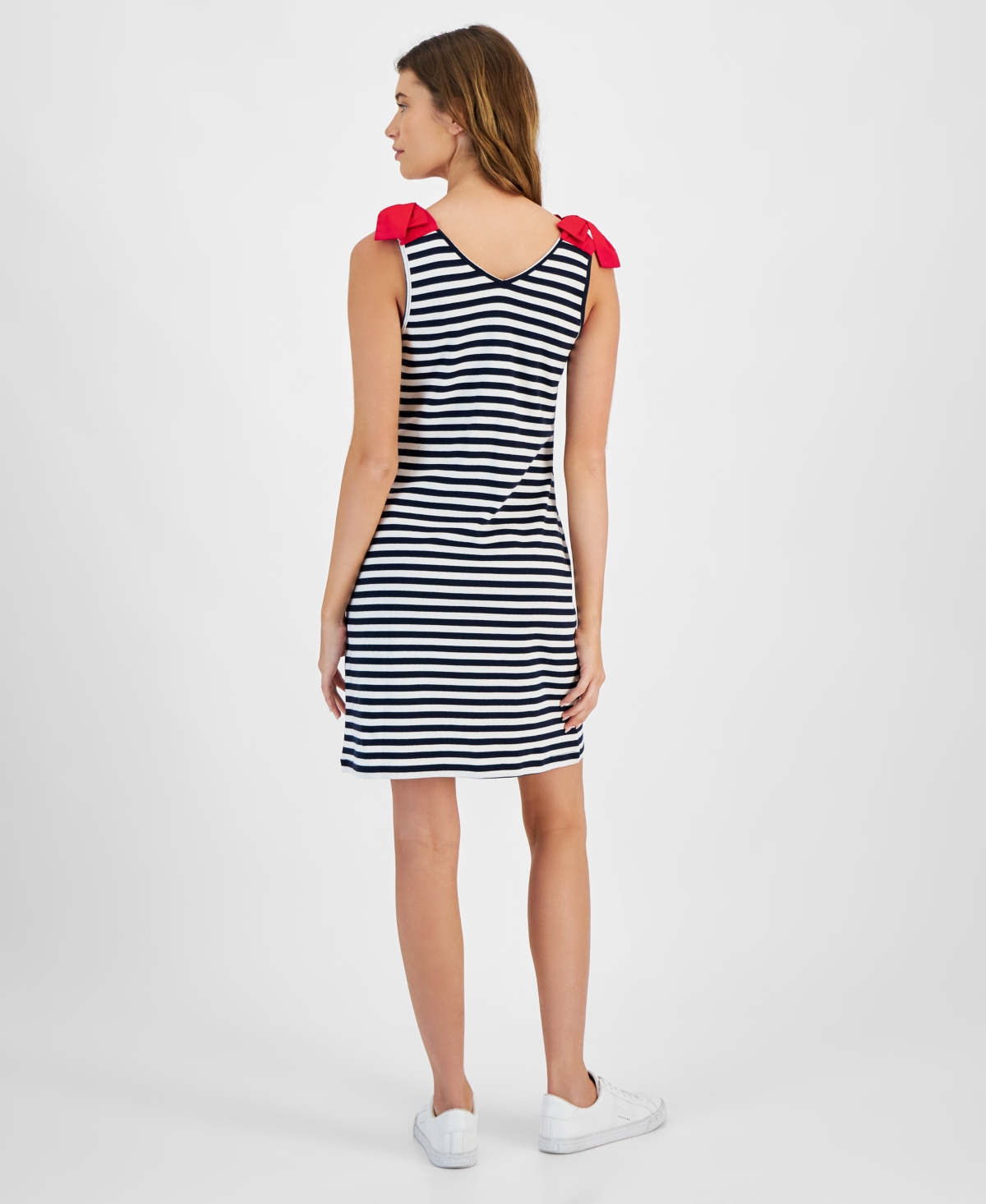 Shop Tommy Hilfiger Women's Cotton Striped Tie-strap Sleeveless Dress In Sky Cap,br