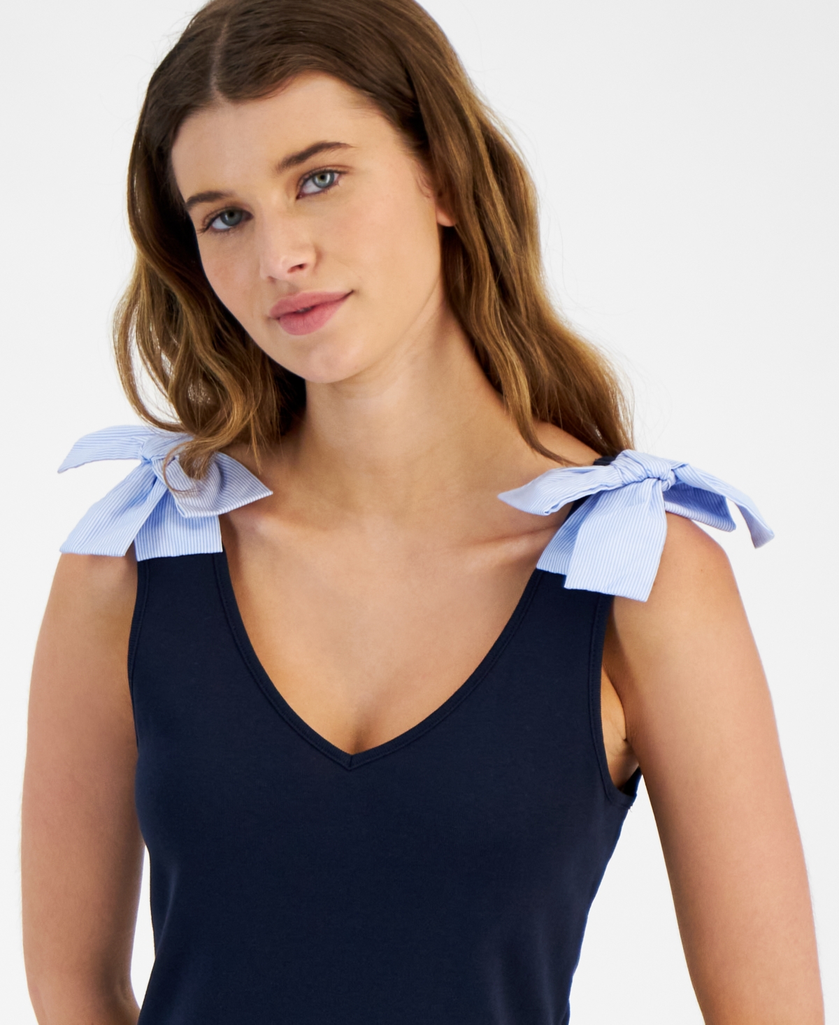 Shop Tommy Hilfiger Women's Cotton V-neck Sleeveless Tie-strap Dress In Sky Capt