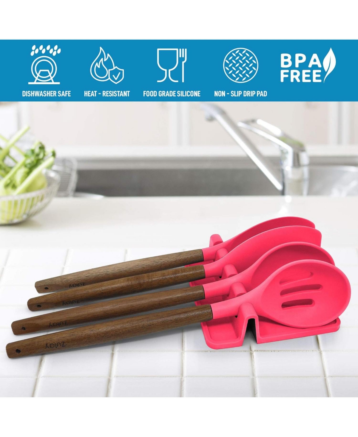 Zulay Kitchen Silicone Utensil Rest with Drip Pad for Multiple Utensils