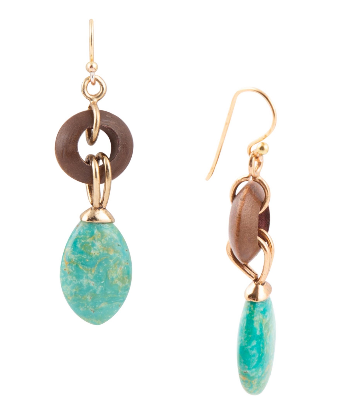 Barse Precious Genuine Green Turquoise And Wood Golden Bronze Oval Earrings