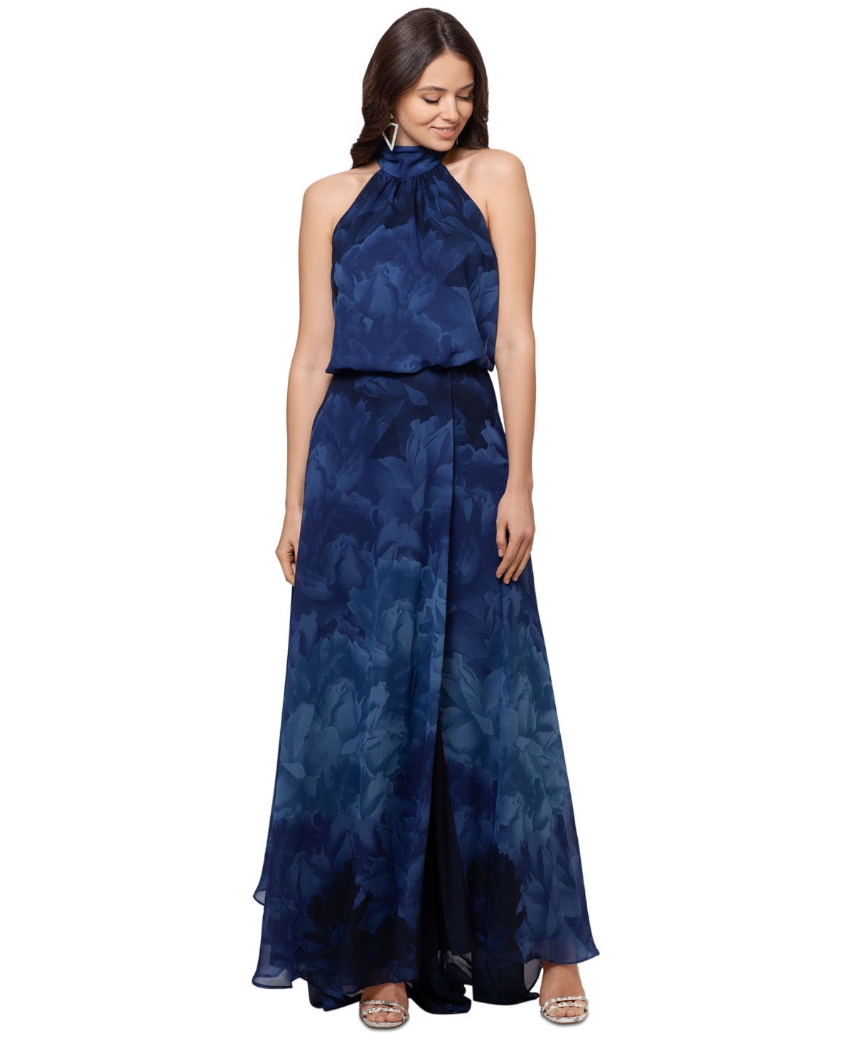 Shop Betsy & Adam Petite Floral-chiffon Halter-neck Gown In Navy
