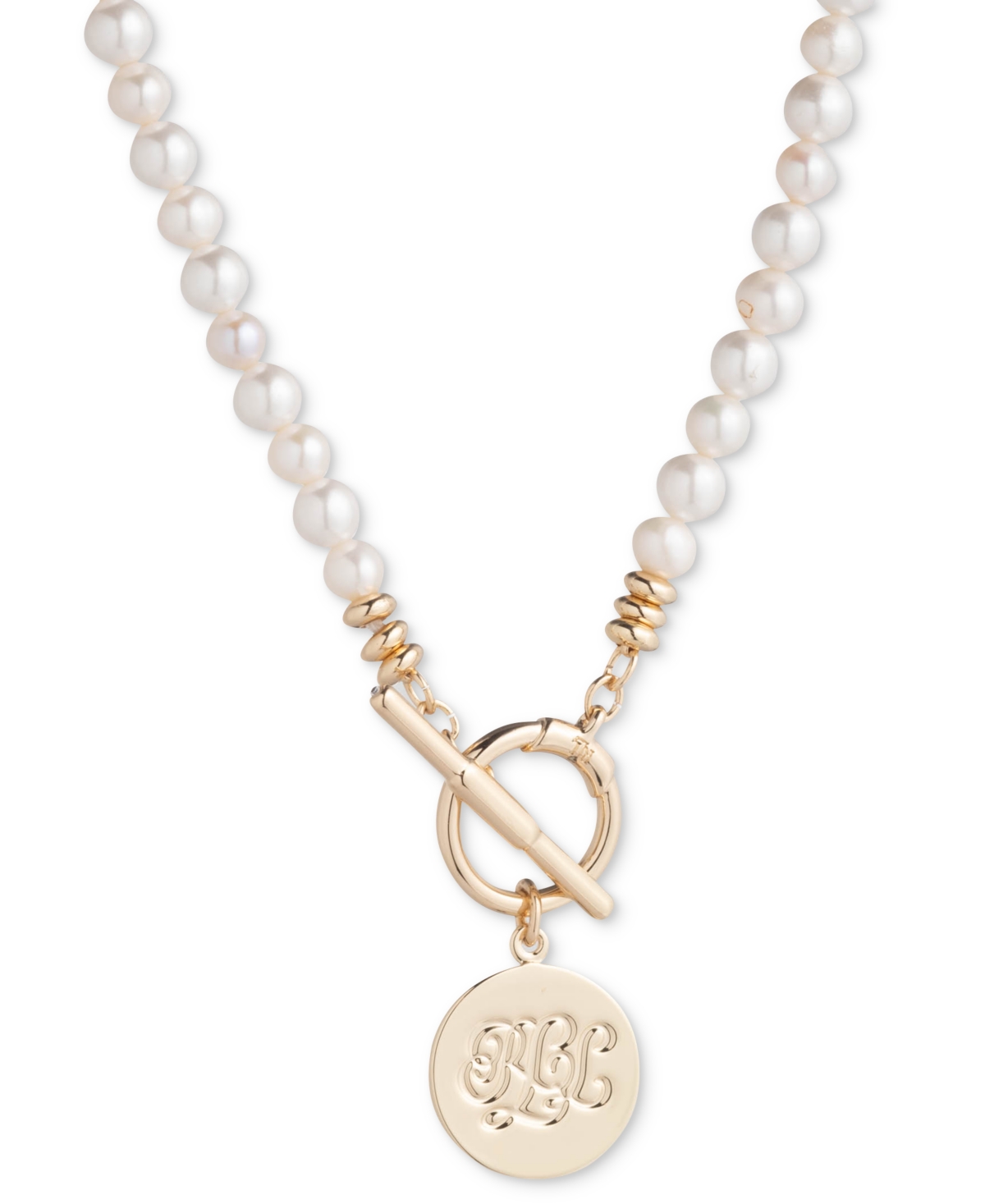 Shop Lauren Ralph Lauren Gold-tone Logo Charm Imitation & Freshwater Pearl Beaded 17" Pendant Necklace In White