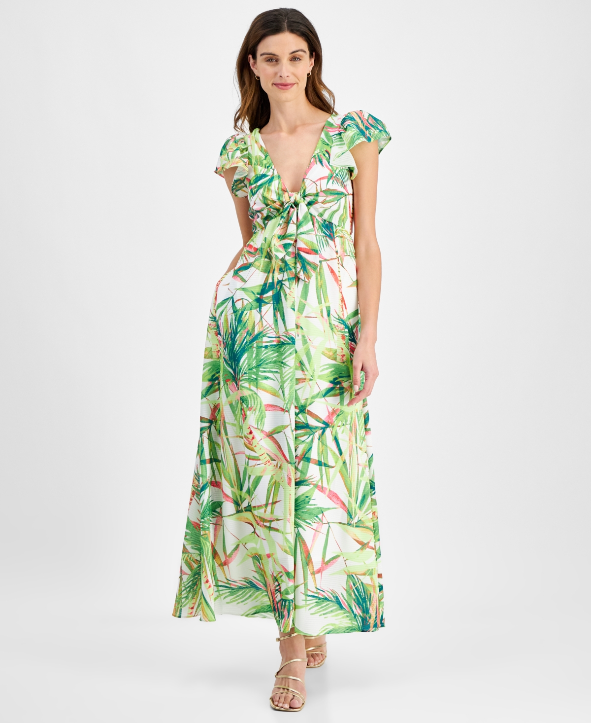 Women's Printed Flutter-Sleeve Maxi Dress - Creamfernf