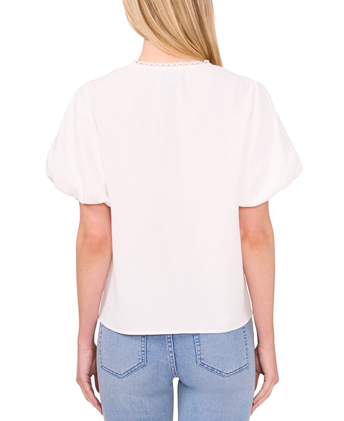 Eyelet Lace Trim Puff Sleeve Blouse