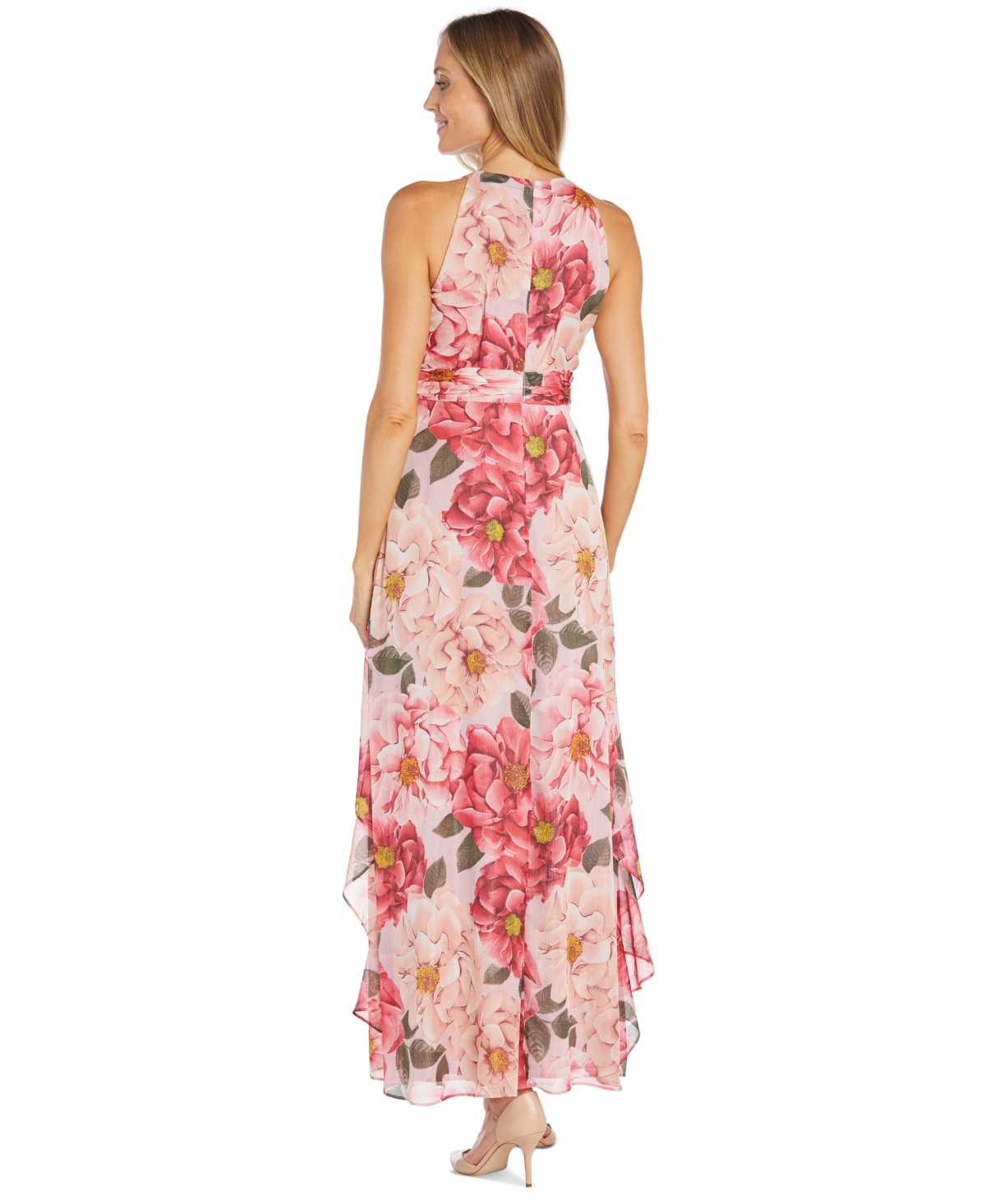 Shop R & M Richards Women's Halter Ruched-waist Ruffled Gown In Peach,coral