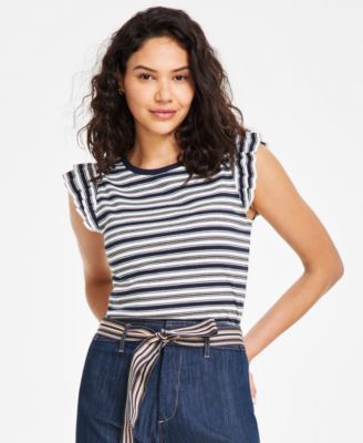 Tommy Hilfiger - Women's Striped Ruffled-Sleeve Tee