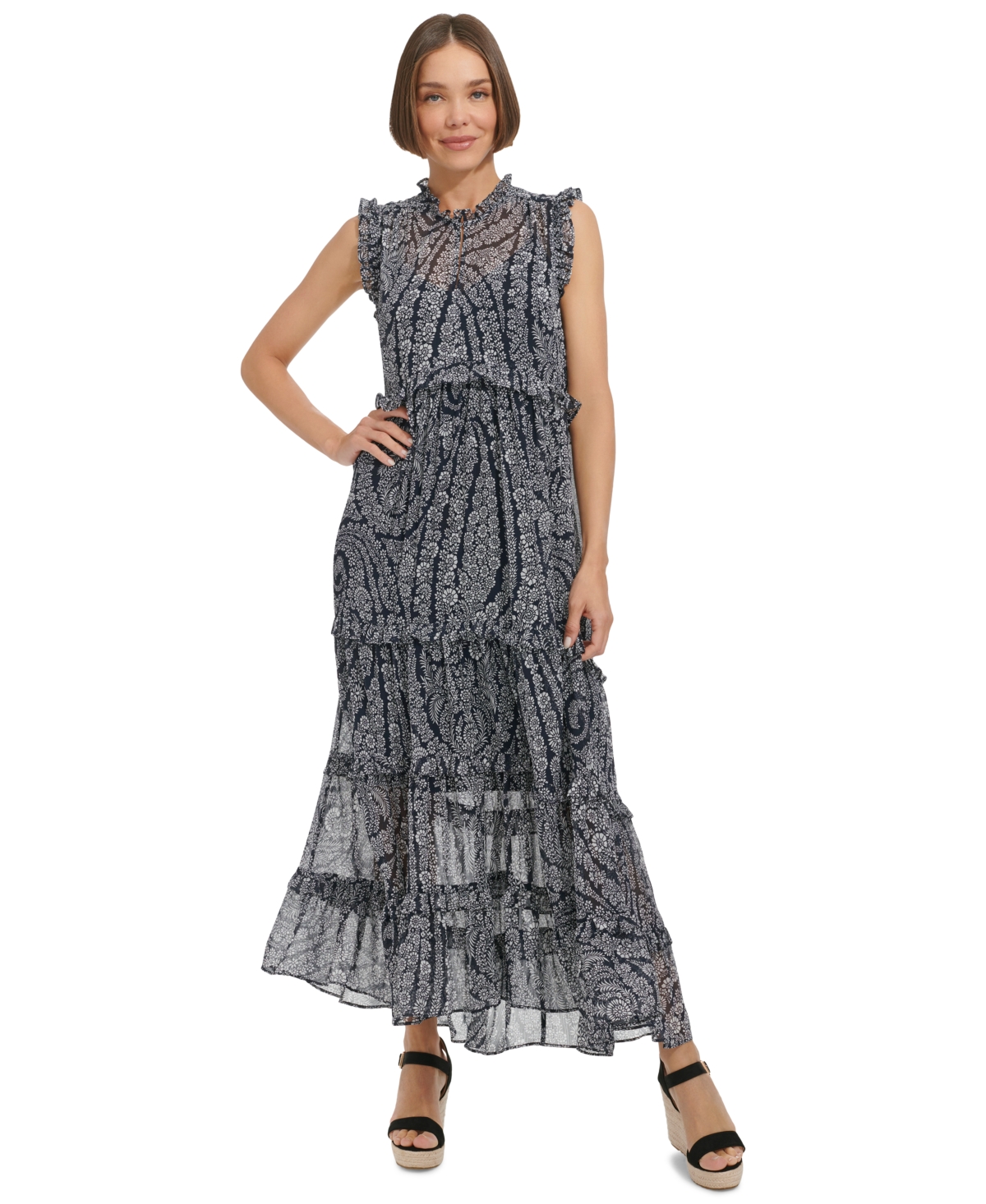 Shop Tommy Hilfiger Women's Floral-print Tiered Maxi Dress In Sky Capt,i