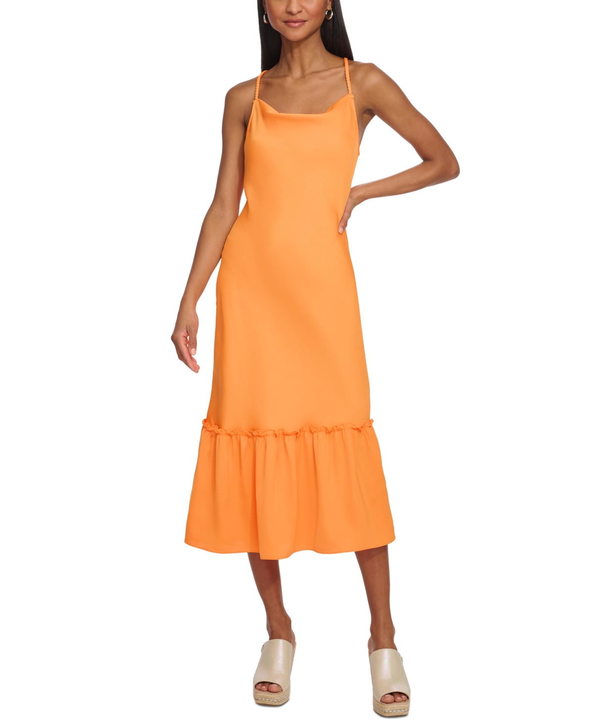 Shop Karl Lagerfeld Women's Cowl-neck Ruffle Bottom Midi Dress In Tangerine