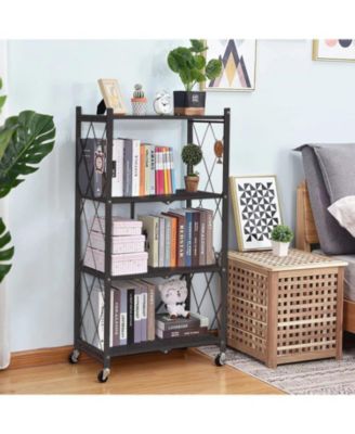 4-Tier Foldable Metal Storage Shelf Unit with Heavy Duty Frame and Kitchen Hooks