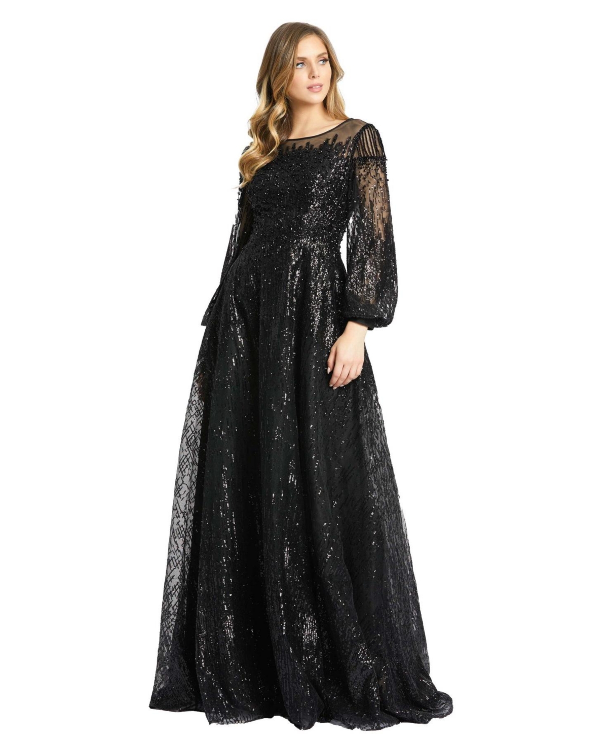 Women's Jewel Encrusted Illusion Long Sleeve A Line Gown - Black