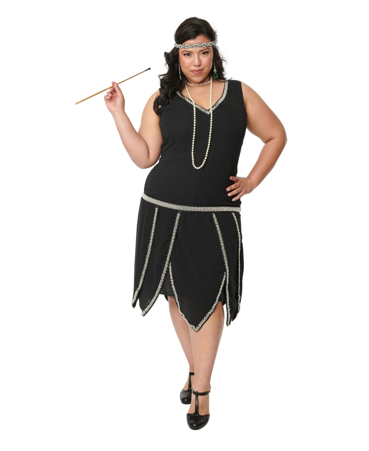 Plus Size Pearl Beaded Sleeveless Petal Flapper Dress - Black