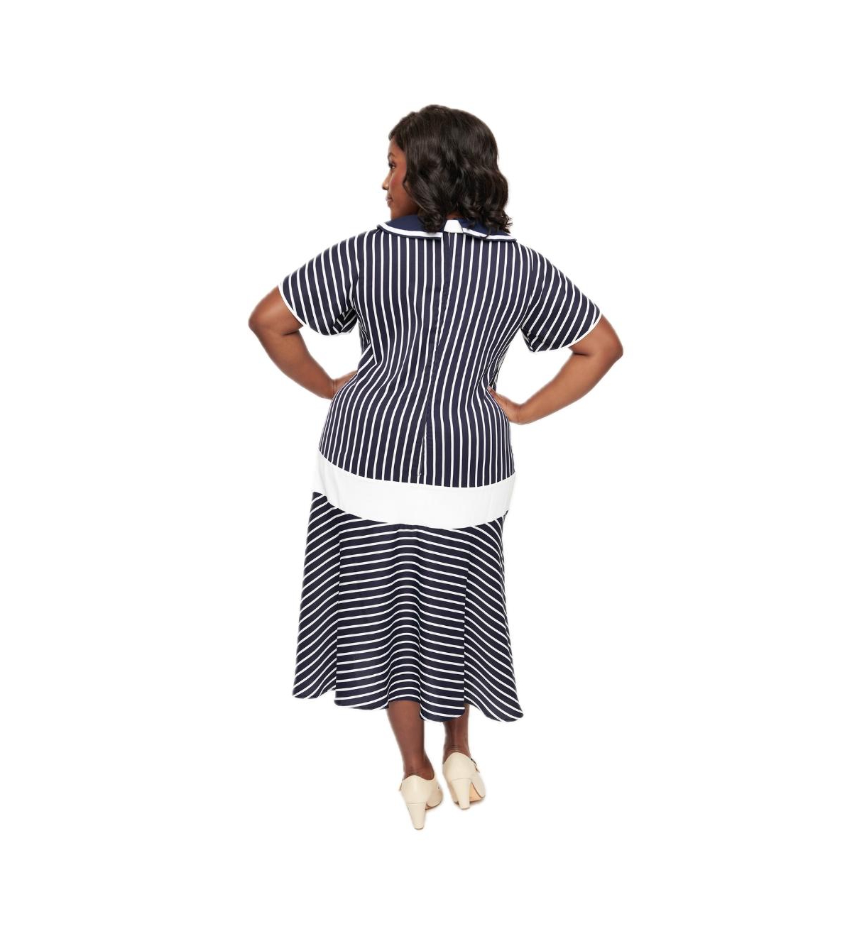 Unique Vintage Plus Size 1920s Flutter Sleeve Collared Flapper Dress - Navy  white striped