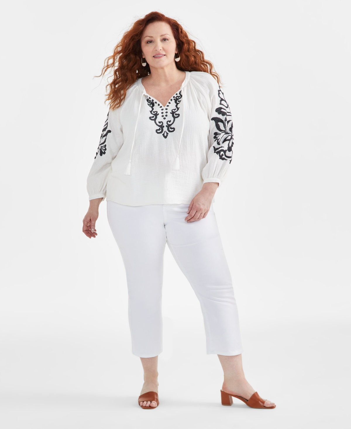Style & Co Plus Size Tie Neck Cotton Peasant Blouse, Created for Macy's