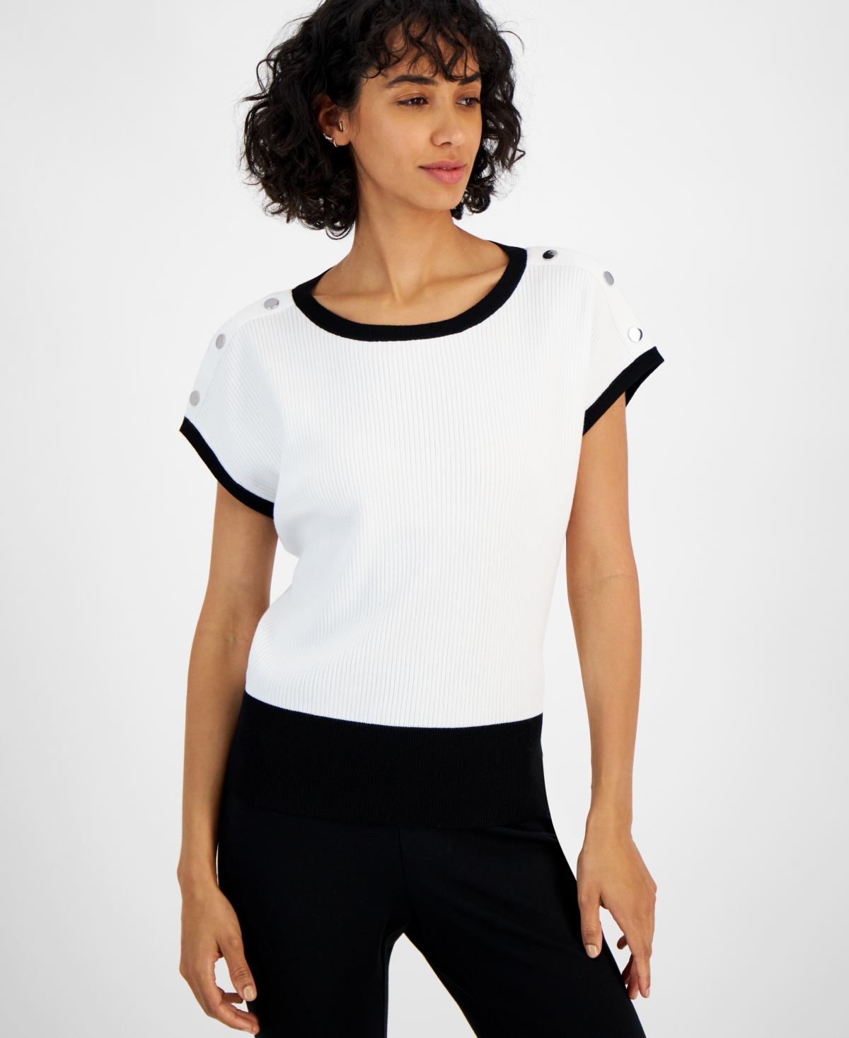 Women's Contrast-Trim Button-Shoulder Sweater - White Star