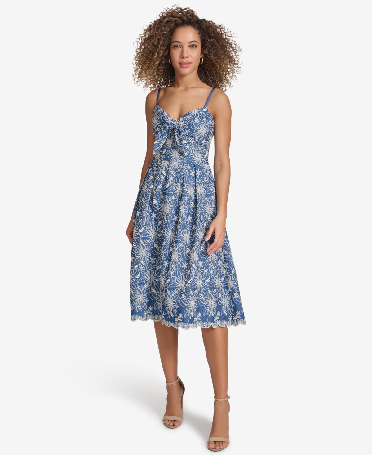 Women's Embroidered Denim Knot-Front Midi Dress - Chambray/Ivory