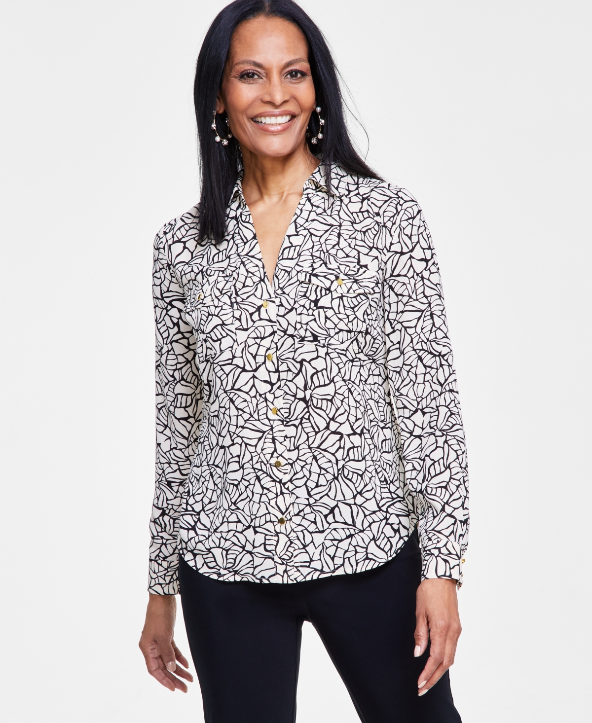 Shop Inc International Concepts Women's Printed Flap-pocket Blouse, Created For Macy's In Mina Mosaic