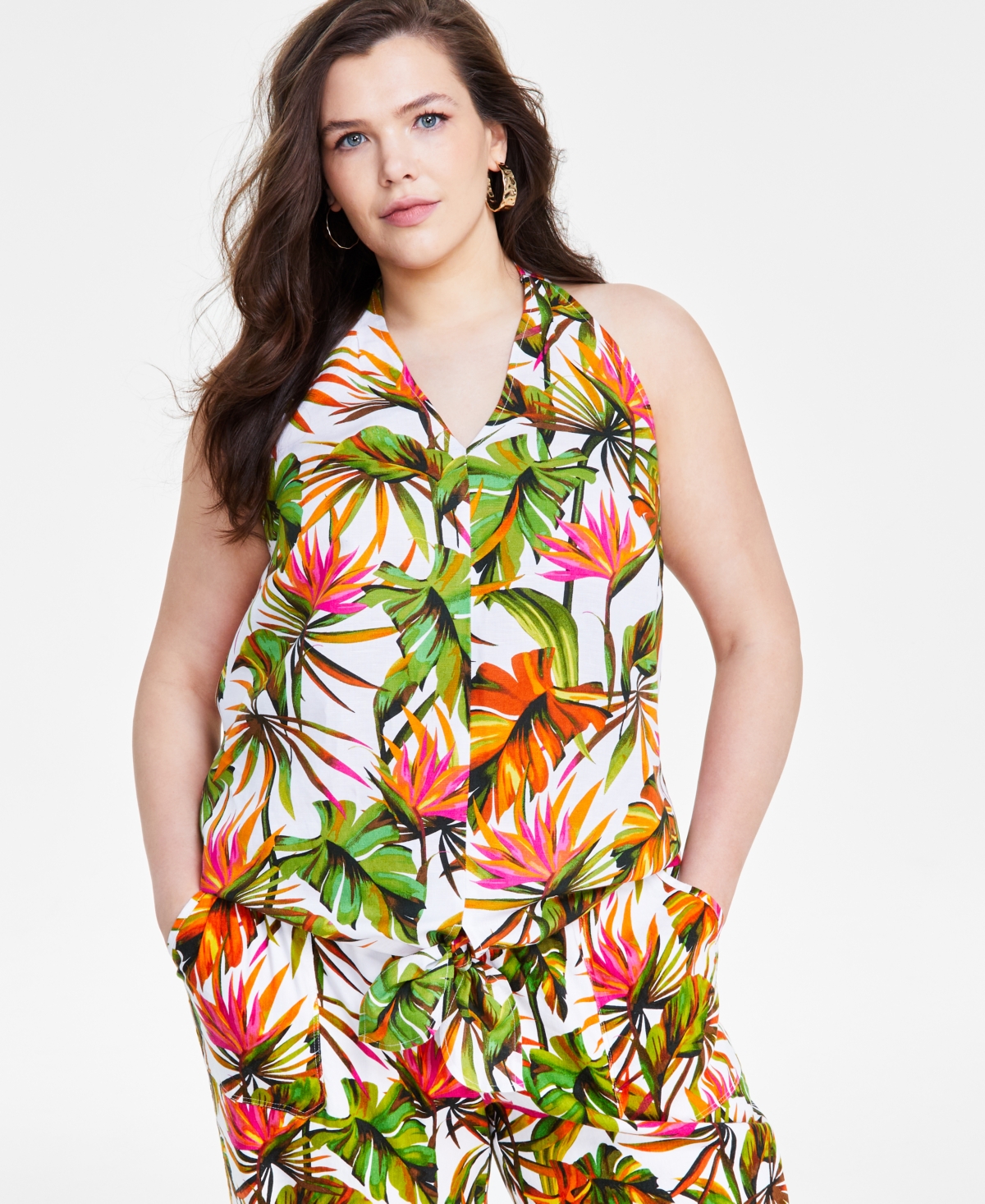 Plus Size Tie-Front Halter Top, Created for Macy's - Tropical Garden