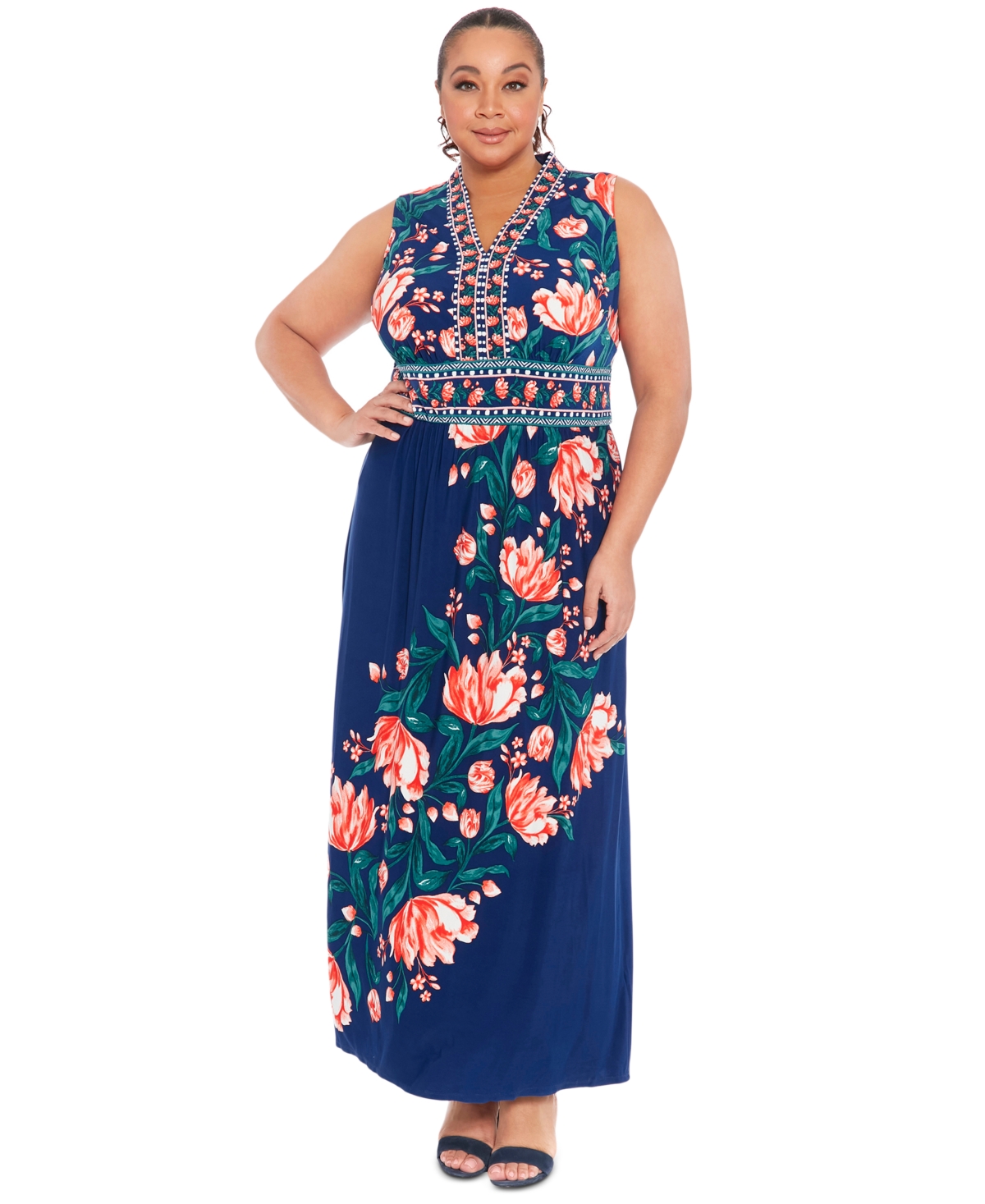 Plus Size Floral Sleeveless Maxi Dress - Navy Coral