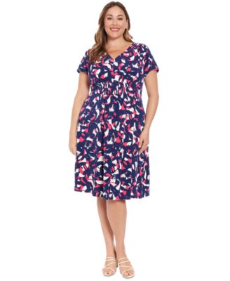 London Times - Plus Size Printed Smocked-Front Dress