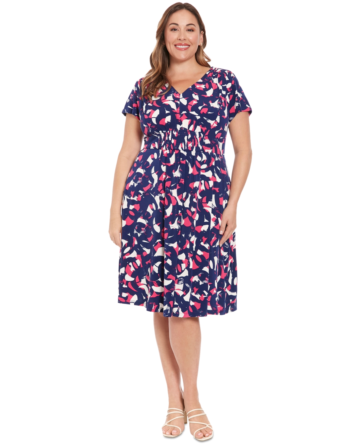 Plus Size Printed Smocked-Front Dress - Navy Multi