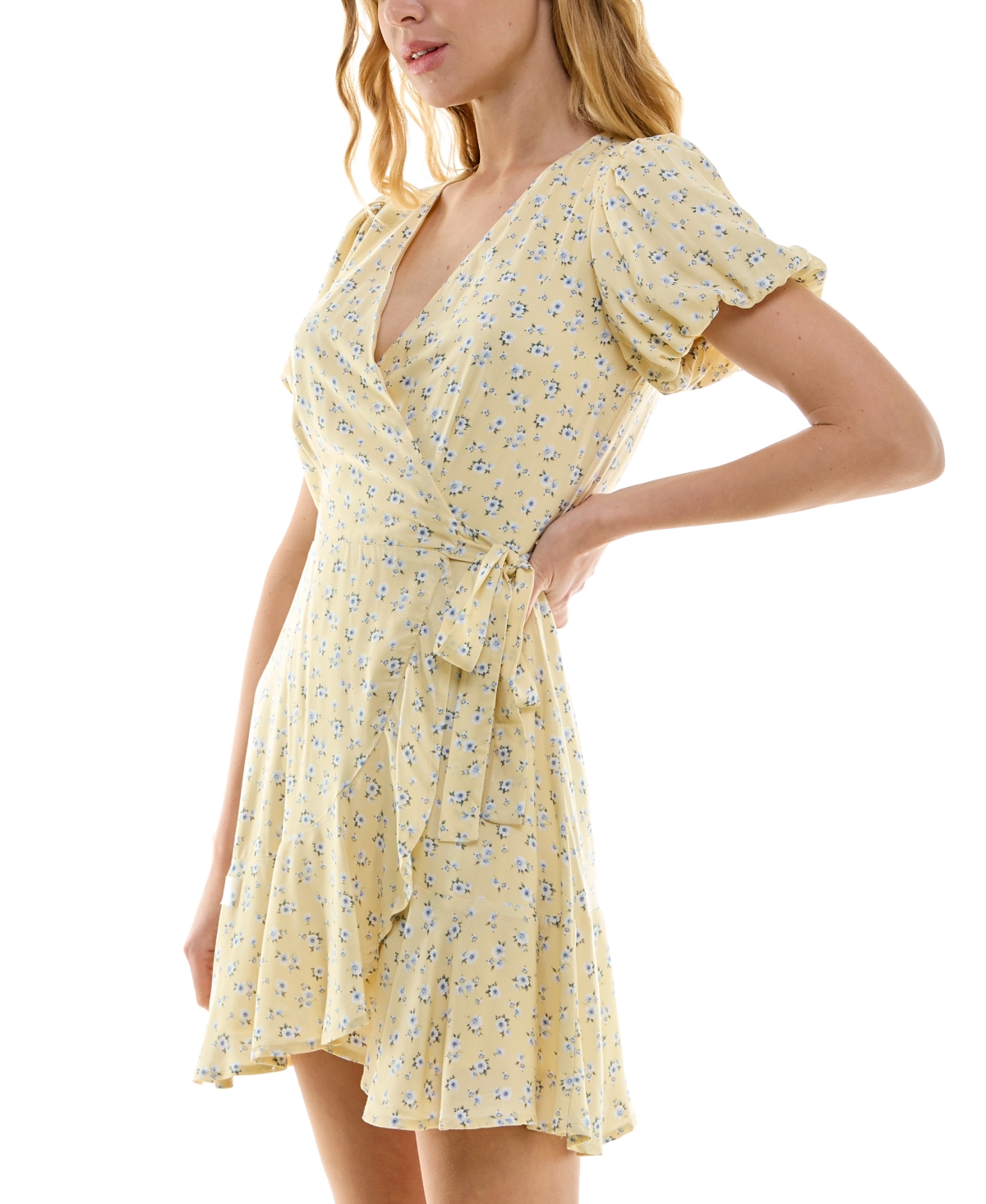 Shop Trixxi Juniors' Floral Print Puff-sleeve Ruffled Wrap Dress In Yellowflor