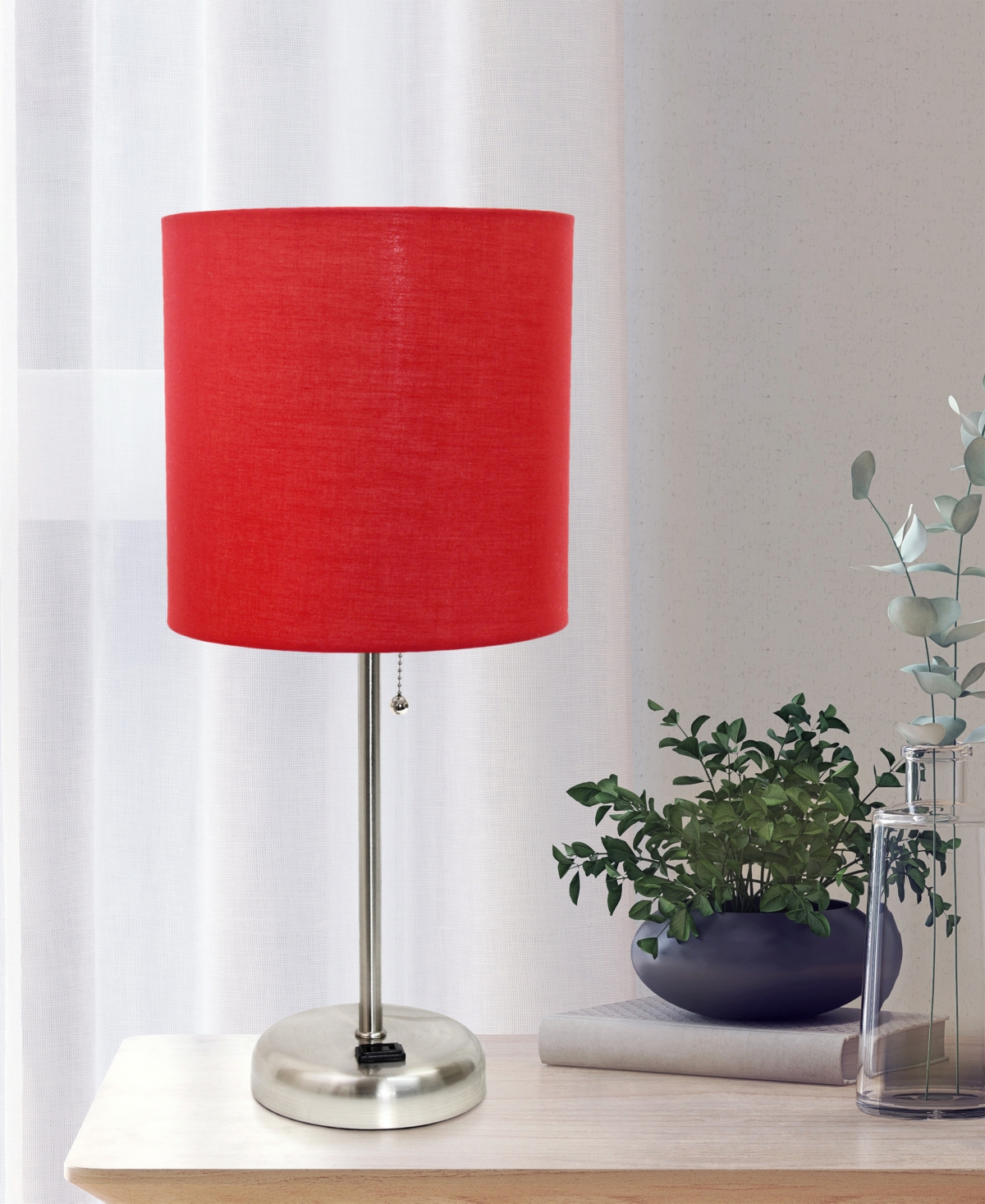 Shop Creekwood Home Oslo 19.5" Contemporary Bedside Standard Metal Table Desk Lamp With White Drum Fabric Shade In Br.steel,red Shade