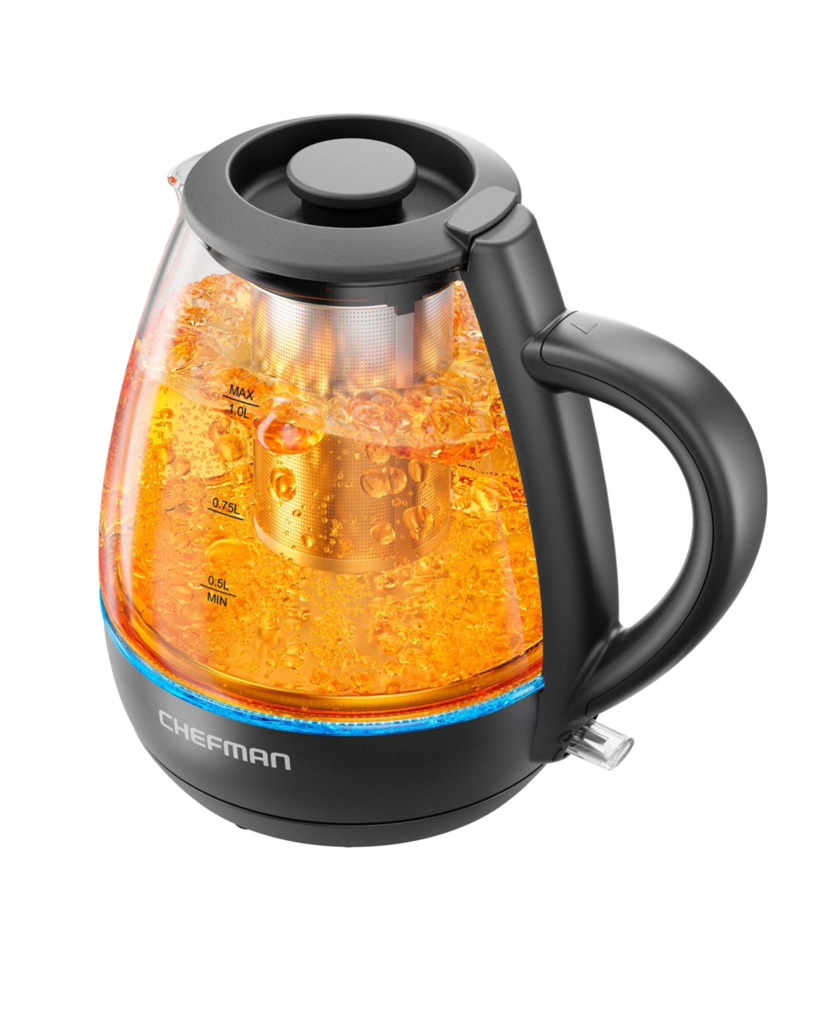 CHEFMAN 1L ELECTRIC GLASS KETTLE WITH TEA INFUSER, LED INDICATOR LIGHT, AUTOMATIC SHUTOFF 