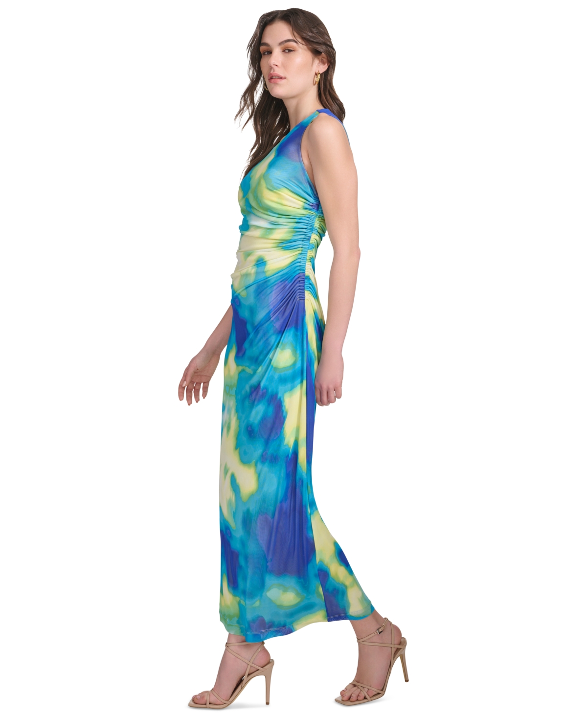 Shop Calvin Klein Women's Printed Ruched Maxi Dress In Dz Blu Mlt