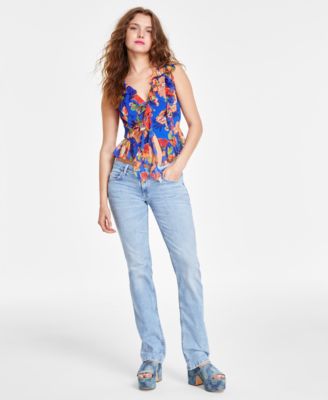 Guess Womens Rossella Ruffled Top Hermosa Flap Pocket Low Rise Jeans In Multi