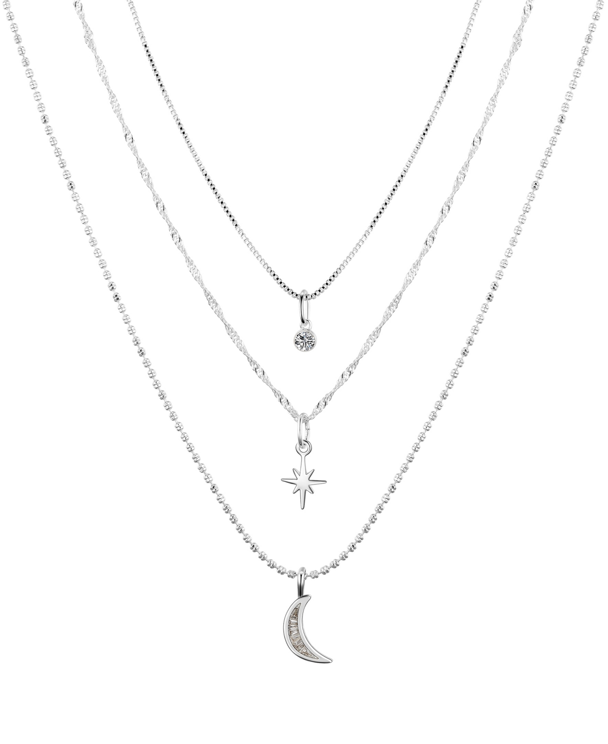 Cubic Zirconia Star Moon Layered 3-Piece Necklace Set - White