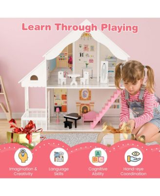 Kids Wooden Dollhouse Semi-Opened DIY Playset with Simulated Rooms & Furniture