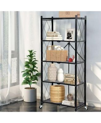 5-Tier Foldable Storage Shelving Unit, Heavy Duty Metal Shelf, Kitchen Shelf with 3 Hooks