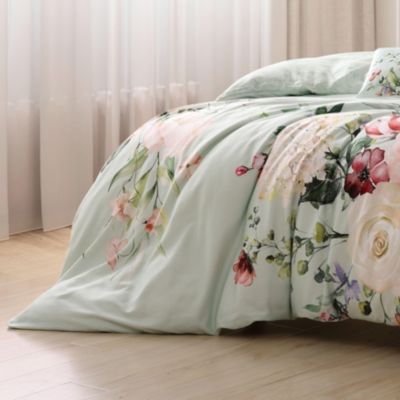 Rose on Misty Green 200 TC Cotton Sateen, Reversible 5 Pc. Comforter Set