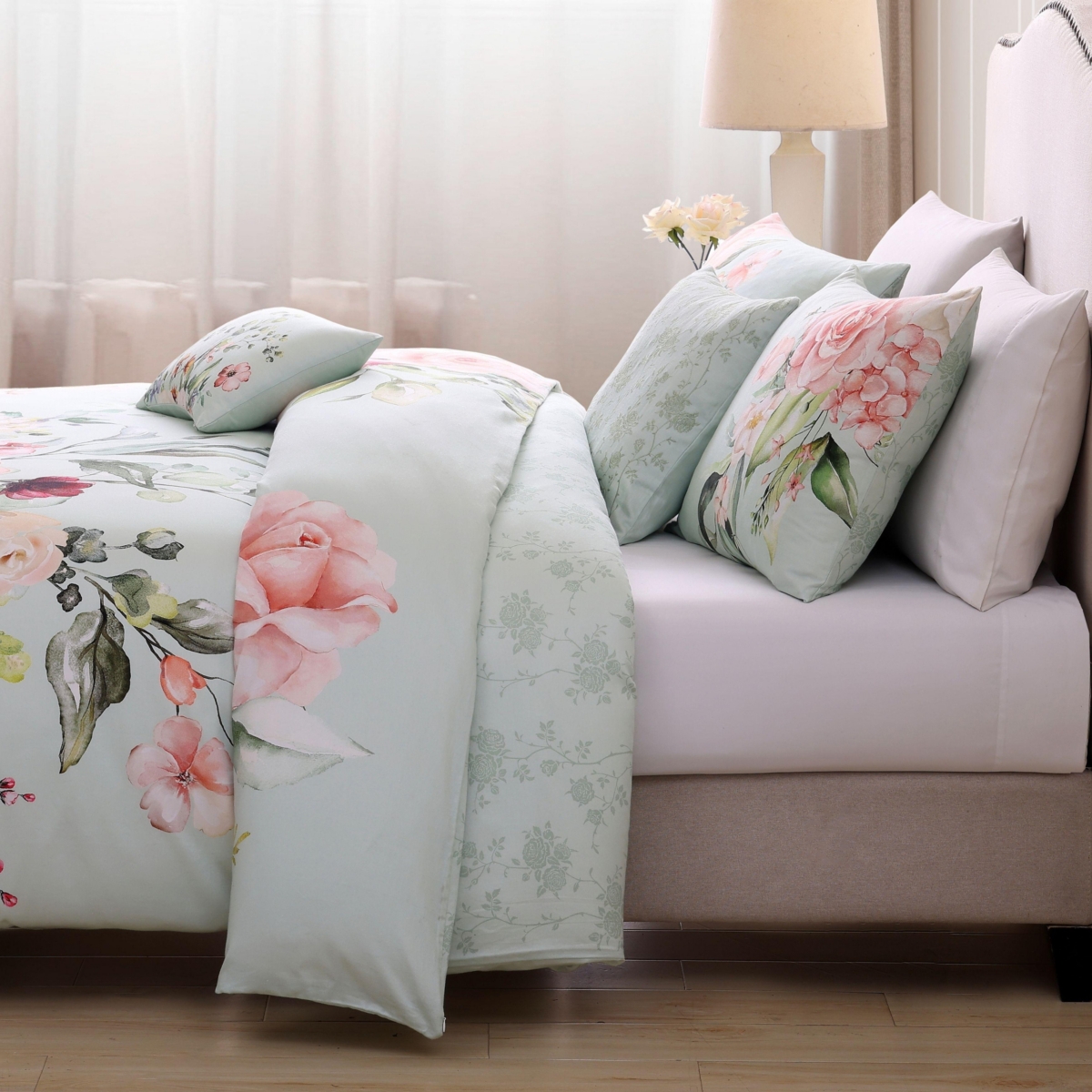 Bebejan Rose on Misty Green Bedding 200 Thread Count 100% Cotton Sateen 5 Piece Reversible King Comforter Set