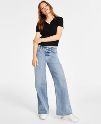 Womens Ribbed Polo Shirt Wide Leg Jeans