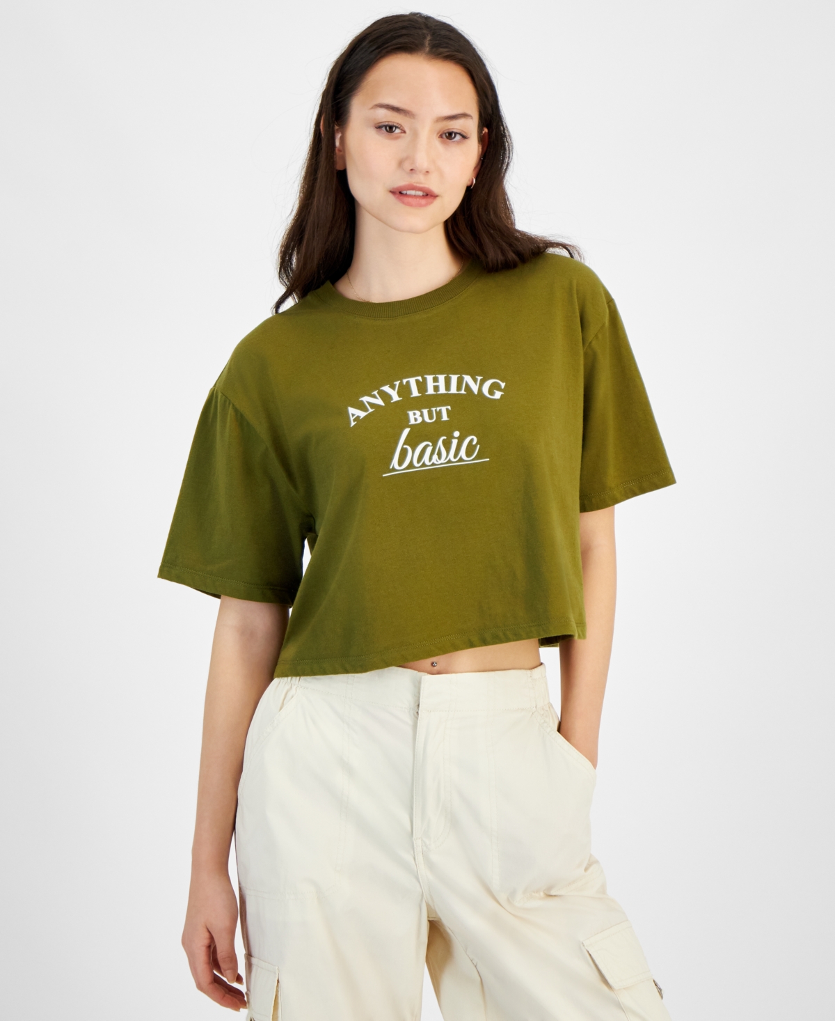 Self Esteem Juniors' Anything But Basic Graphic-print Tee In Olive