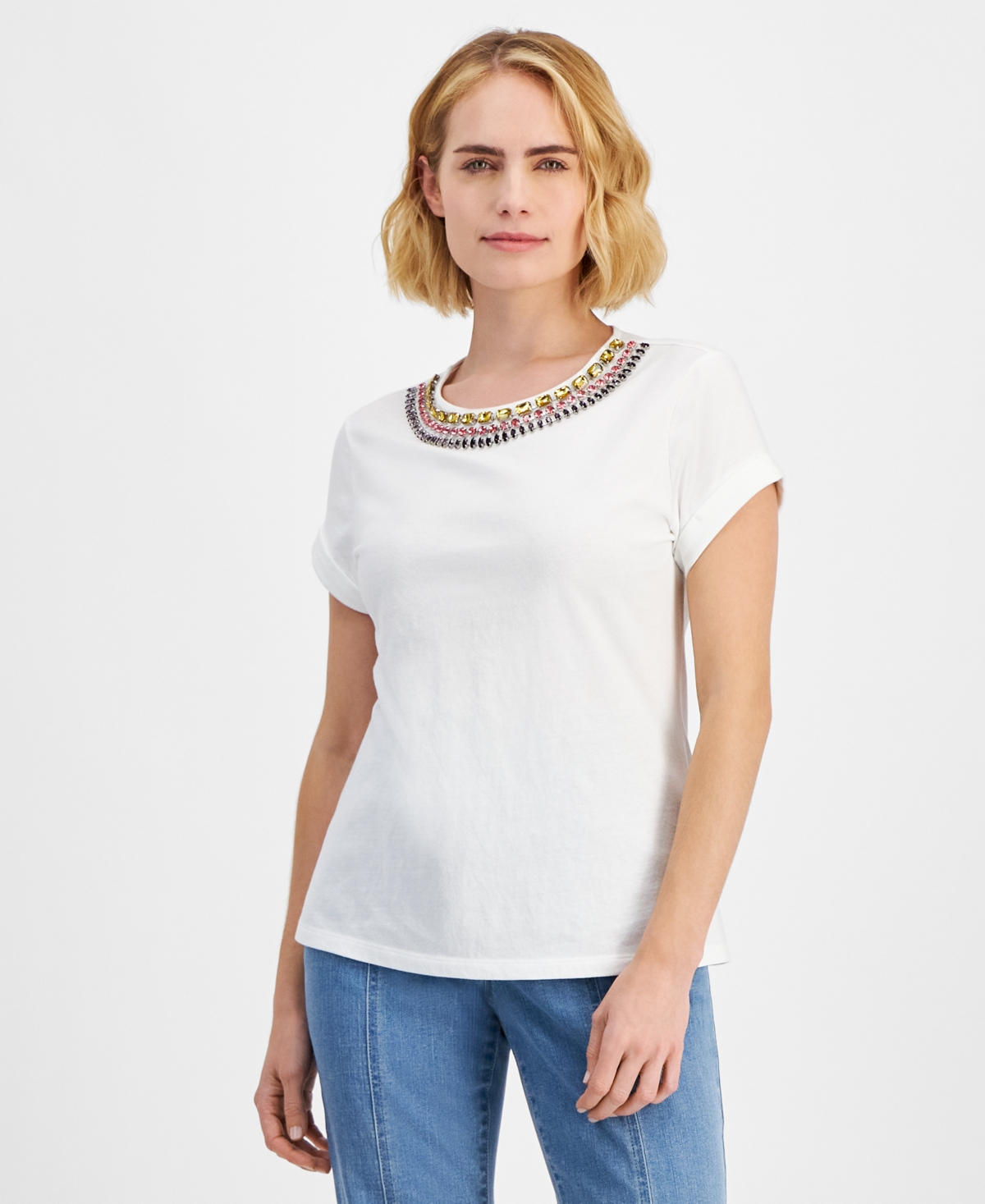 Petite Cotton Rhinestone-Embellished Top, Created for Macy's - Bright White