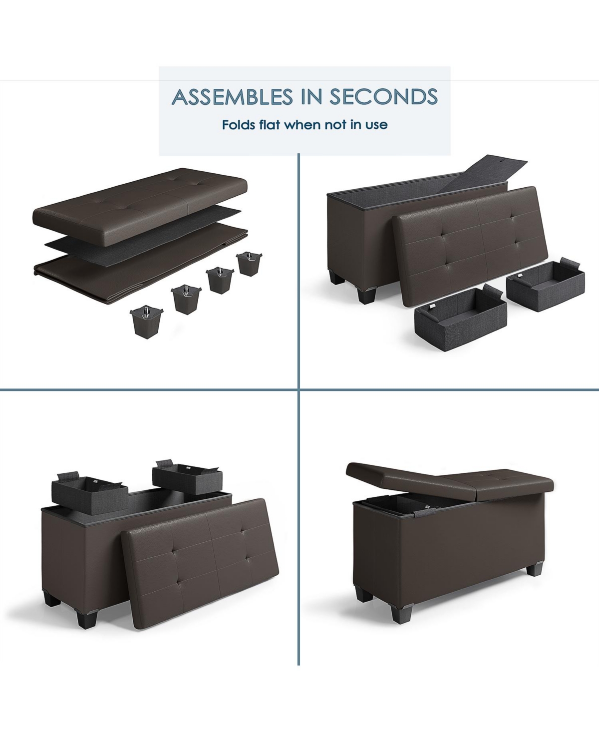 Nestl 30 Inch Ottoman Storage Bench with Storage Bins - Leatherette or Fabric Finish