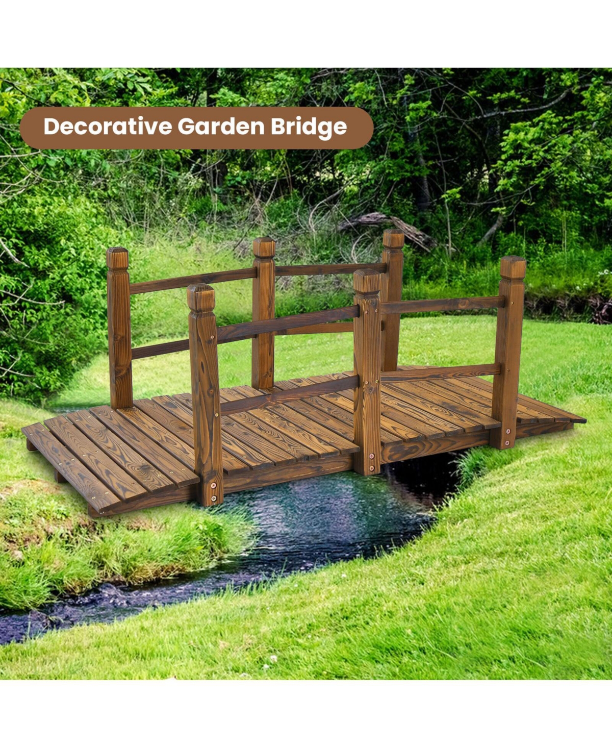 Slickblue 5 Feet Wooden Garden Bridge with Safety Rails