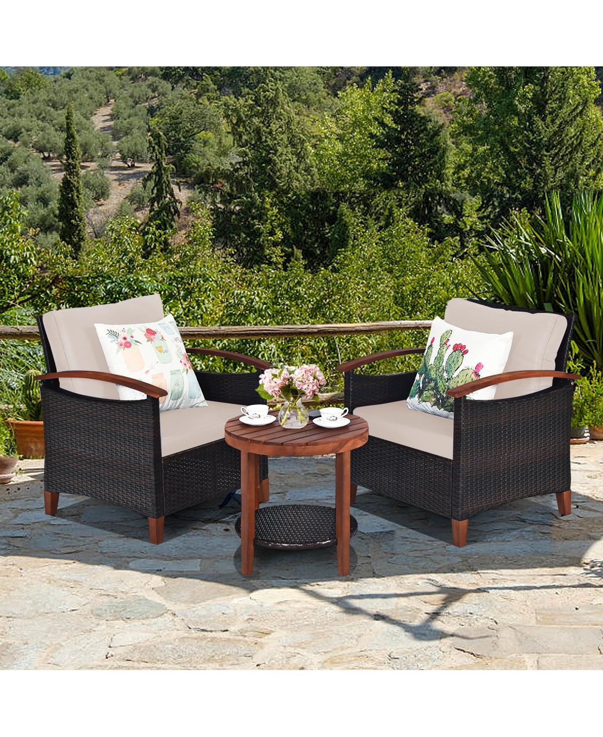 Slickblue 3 Pieces Patio Rattan Furniture Set with Washable Cushion and Acacia Wood Tabletop