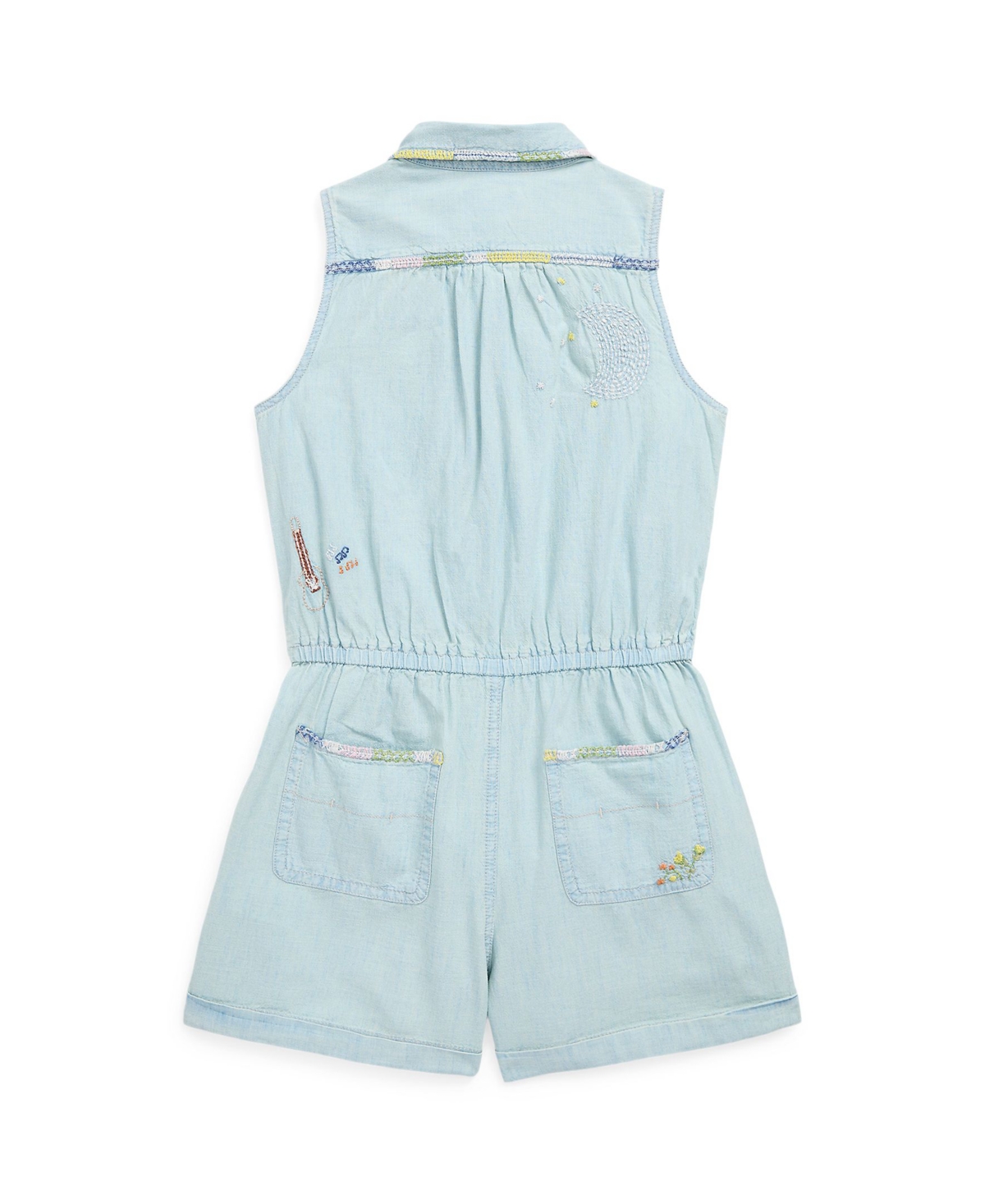 Shop Polo Ralph Lauren Big Girls Embroidered Cotton Chambray Romper In Light Summer Wash