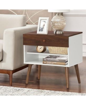 Mid-Century Nightstand with Storage Drawer and Tapered Rubber Wood Legs