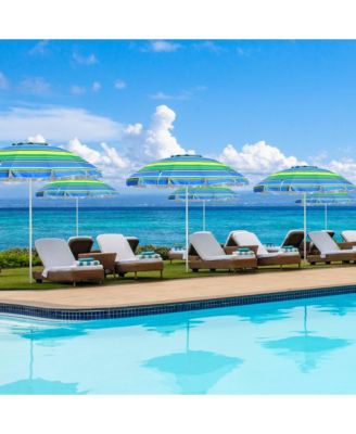 7 Ft Striped Outdoor Umbrella UV Protection Sunshade Tilt Sand Anchor
