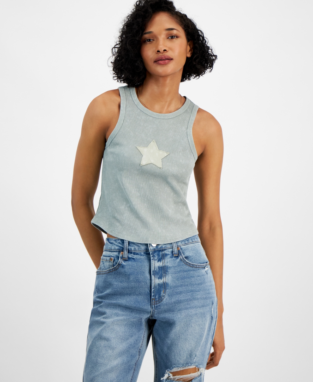 Almost Famous Juniors' Ribbed Star Tank In Seagrass