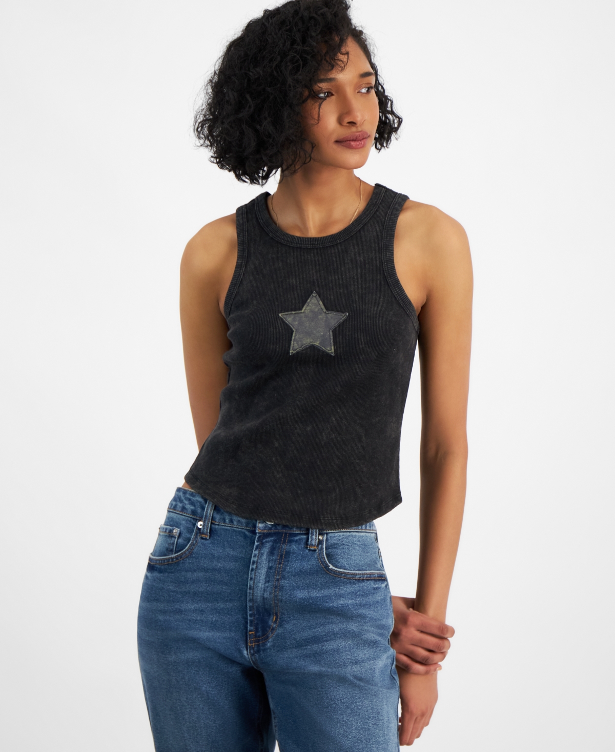 Almost Famous Juniors' Ribbed Star Tank In Black