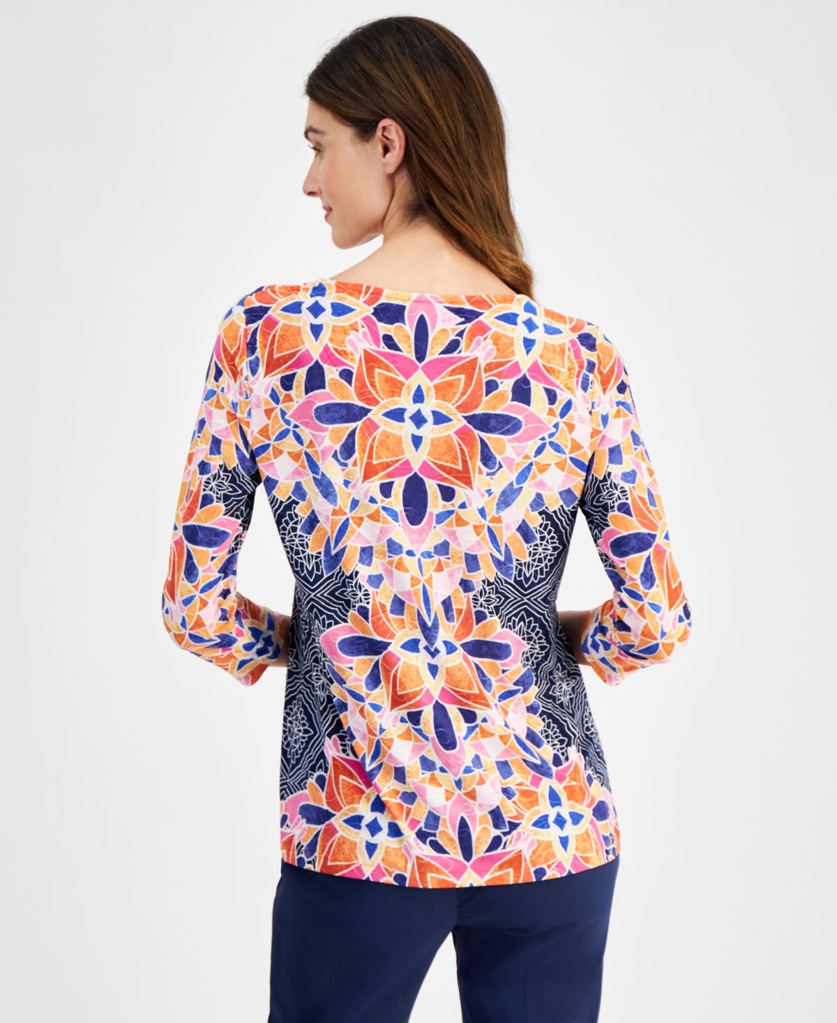 Shop Jm Collection Women's Printed 3/4 Sleeve Jacquard Top, Created For Macy's In Intrepid Blue Combo